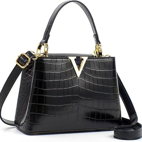Neiman Marcus Black Croc Embossed Leather V Crossbody Bag - Picture 1 of 2